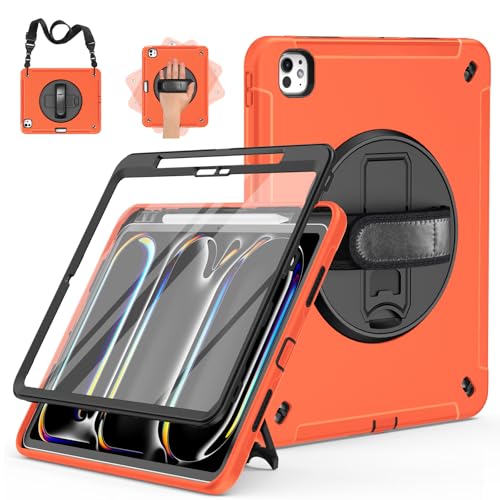 Miesherk Hülle für iPad Pro 13 2024 M4: 3-Schichte robuste stoßfest Case für iPad Pro 13 Zoll 2024 7.Generation mit Displayschutzfolie-Stifthalter-Drehbare Ständer-Handschlaufe-Schultergurt-Orange von Miesherk