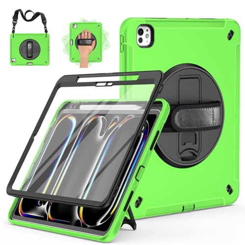 Miesherk Hülle für iPad Pro 13 2024 M4: 3-Schichte robuste stoßfest Case für iPad Pro 13 Zoll 2024 7.Generation mit Displayschutzfolie-Stifthalter-Drehbare Ständer-Handschlaufe-Schultergurt-Grün von Miesherk