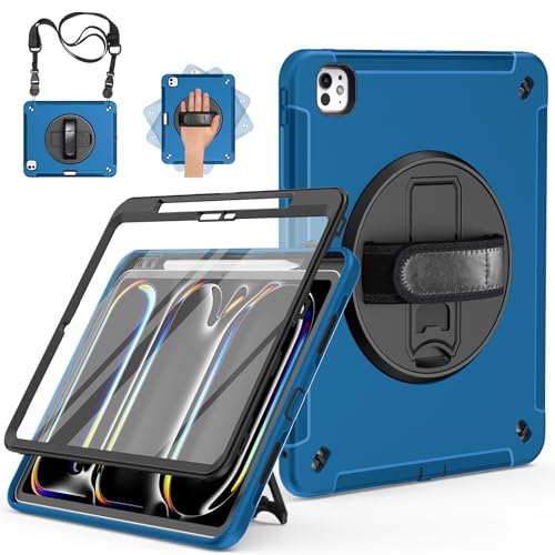 Miesherk Hülle für iPad Pro 13 2024 M4: 3-Schichte robuste stoßfest Case für iPad Pro 13 Zoll 2024 7.Generation mit Displayschutzfolie-Stifthalter-Drehbare Ständer-Handschlaufe-Schultergurt-Blau von Miesherk
