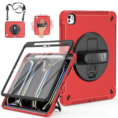 Miesherk Hülle für iPad Pro 13 2024 M4: 3-Schichte robuste stoßfest Case für iPad Pro 13 Zoll 2024 7.Generation mit Displayschutzfolie-Stifthalter-Drehbare Ständer-Handschlaufe-Schultergurt-Rot von Miesherk