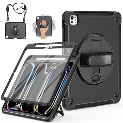 Miesherk Hülle für iPad Pro 13 Zoll 2024 M4: 3-Schichte robuste stoßfest Case für iPad Pro 13 2024 7.Generation mit Displayschutzfolie-Stifthalter-Drehbare Ständer-Handschlaufe-Schultergurt-Schwarz von Miesherk
