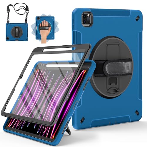 Miesherk Hülle für iPad Pro 12.9: 3-Schichte Robuste Stoßfest Case für iPad Pro 12,9 Zoll 6./5./4./3.Generation mit Displayschutzfolie-Stifthalter-Drehbare Ständer-Handschlaufe-Schultergurt-Blau von Miesherk