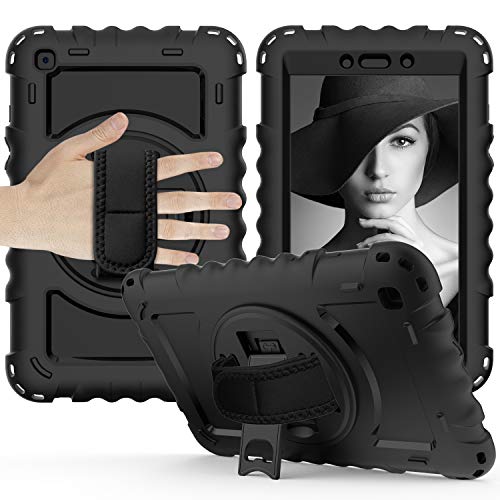 Mieziba Schutzhülle für Galaxy Tab A 8.0 2019, Modell SM-T290/SM-T295 2019, strapazierfähig, stoßfest, Hybrid-Schutzhülle mit 360 Grad drehbarem Ständer [Bleistifthalter] [Schultergurt] schwarz von Mieziba