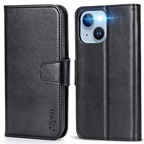 Migeec Hülle für iPhone 14 Plus 5G, PU Leder RFID Magnetisch Klapphülle Lederhülle Schutzhülle Kartenfach Geld Slot Ständer Flip Case - Schwarz von Migeec