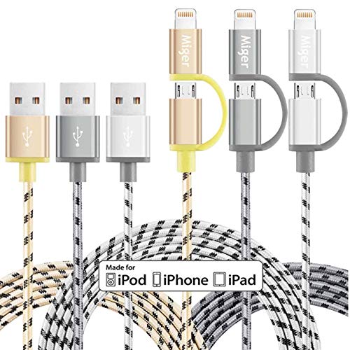 Miger 2 in 1 Lightning Kabel,Multi Micro USB Ladekabel Fast Charging Cable [2M,3Pack] Fast Charger Cord 3A Schnellladekabel Sync Universal Ladekabel Mehrfach iP Micro USB für iPhone 12 13,Tablets von Miger