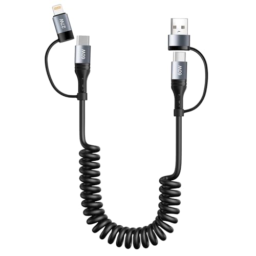 Spiralkabel USB Lightning Kabel[1.2M 3A] 4 in 1 Multi Ladekabel 60W Schnellladung und Daten USB C auf Lightning Kabel für iPhone 15 14 13 12 11 Pro Max X XS XR 8 7 6 Plus SE/Laptop/iPad/Carplay von Miger