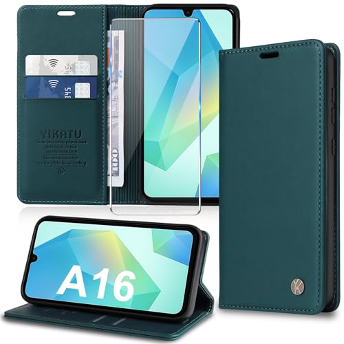 Handyhülle für Samsung Galaxy A16 5G Hülle mit Schutzfolie [Premium PU Leder] Klapphülle Ständer Kartenfach Magnetic Flip Case Cover Etui Tasche Schutzhülle für Samsung A16 5G (Grün) von Migexxkj