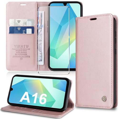 Handyhülle für Samsung Galaxy A16 5G Hülle mit Schutzfolie [Premium PU Leder] Klapphülle Ständer Kartenfach Magnetic Flip Case Cover Etui Tasche Schutzhülle für Samsung A16 5G (Rosa) von Migexxkj
