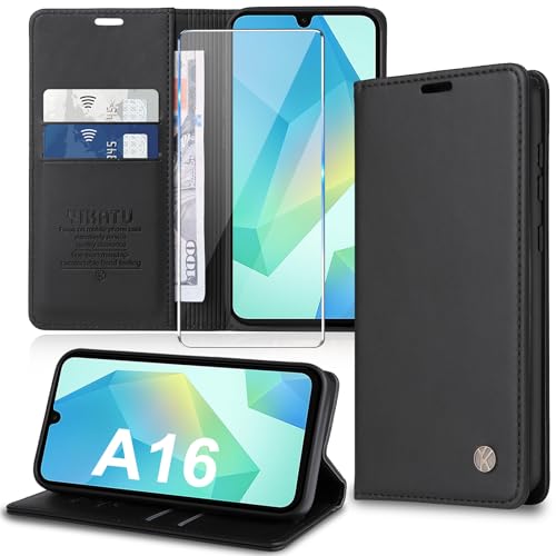 Handyhülle für Samsung Galaxy A16 5G Hülle mit Schutzfolie [Premium PU Leder] Klapphülle Ständer Kartenfach Magnetic Flip Case Cover Etui Tasche Schutzhülle für Samsung A16 5G (Schwarz) von Migexxkj