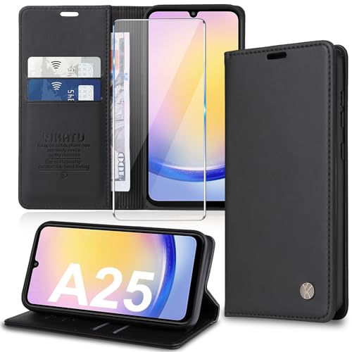 Handyhülle für Samsung Galaxy A25 5G Hülle mit A25 Schutzfolie [Premium PU Leder] Klapphülle Galaxy A25 Hülle Ständer Kartenfach Magnetic Flip Case Klappbar Schutzhülle für Samsung A25 5G (Black) von Migexxkj