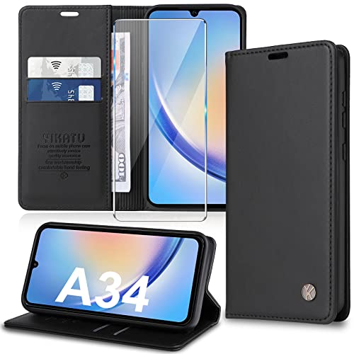 Handyhülle für Samsung Galaxy A34 5G Hülle [mit Schutzfolie] [Premium PU Leder] Klapphülle Ständer Kartenfach Magnetic Flip Case Cover Etui Tasche Schutzhülle für Samsung A34 5G von Migexxkj