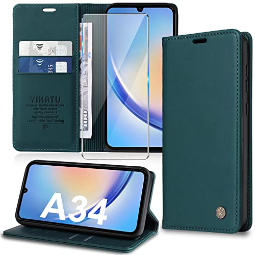 Handyhülle für Samsung Galaxy A34 5G Hülle [mit Schutzfolie] [Premium PU Leder] Klapphülle Ständer Kartenfach Magnetic Flip Case Cover Etui Tasche Schutzhülle für Samsung A34 5G von Migexxkj