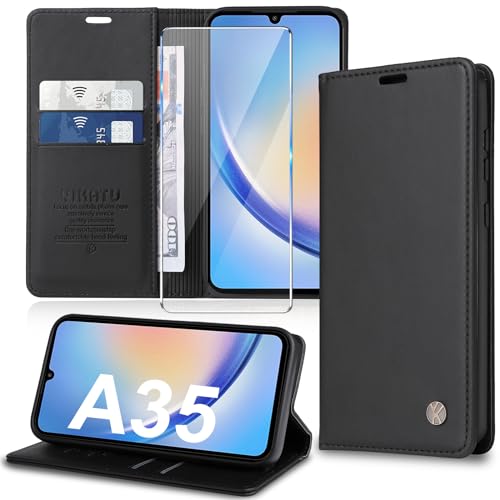 Handyhülle für Samsung Galaxy A35 5G Hülle [mit Schutzfolie] [Premium PU Leder] Klapphülle Ständer Kartenfach Magnetic Flip Case Cover Etui Tasche Schutzhülle für Samsung A35 5G (Black) von Migexxkj