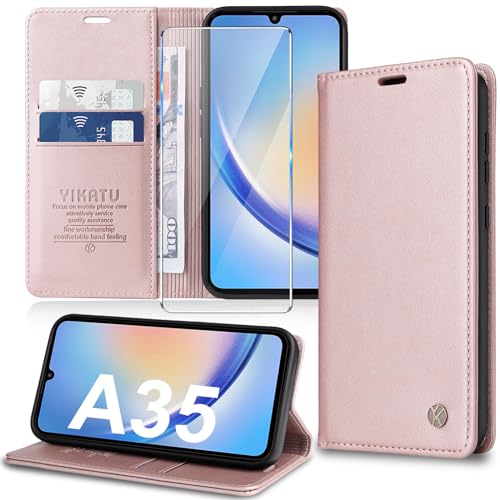 Handyhülle für Samsung Galaxy A35 5G Hülle [mit Schutzfolie] [Premium PU Leder] Klapphülle Ständer Kartenfach Magnetic Flip Case Cover Etui Tasche Schutzhülle für Samsung A35 5G (Pink) von Migexxkj