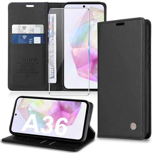 Handyhülle für Samsung Galaxy A36 5G Hülle mit Schutzfolie [Premium PU Leder] Klapphülle Ständer Kartenfach Magnetic Flip Case Cover Etui Tasche Schutzhülle für Samsung A36 5G (Schwarz) von Migexxkj