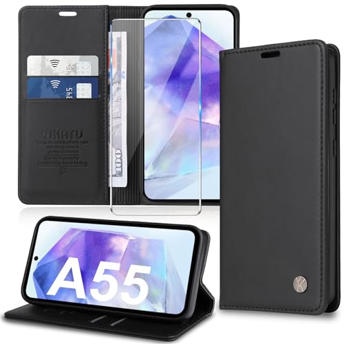 Handyhülle für Samsung Galaxy A55 5G Hülle [mit Schutzfolie] [Premium PU Leder] Klapphülle Ständer Kartenfach Magnetic Flip Case Cover Etui Tasche Schutzhülle für Samsung A55 5G (Black) von Migexxkj