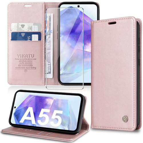 Handyhülle für Samsung Galaxy A55 5G Hülle [mit Schutzfolie] [Premium PU Leder] Klapphülle Ständer Kartenfach Magnetic Flip Case Cover Etui Tasche Schutzhülle für Samsung A55 5G (Pink) von Migexxkj