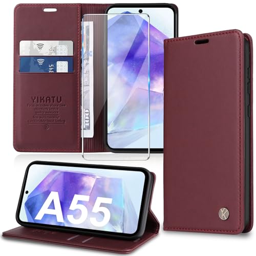 Handyhülle für Samsung Galaxy A55 5G Hülle [mit Schutzfolie] [Premium PU Leder] Klapphülle Ständer Kartenfach Magnetic Flip Case Cover Etui Tasche Schutzhülle für Samsung A55 5G (Red) von Migexxkj