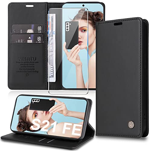 Handyhülle für Samsung Galaxy S21 FE 5G Hülle [mit Schutzfolie] [Premium PU Leder] Klapphülle Ständer Kartenfach Magnetic Flip Case Cover Etui Tasche Schutzhülle für Samsung S21 FE 5G von Migexxkj