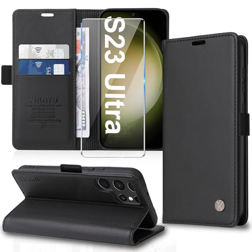 Handyhülle für Samsung Galaxy S23 Ultra Hülle [mit Schutzfolie] [Premium PU Leder] Klapphülle Ständer Kartenfach Magnetic Flip Case Cover Etui Tasche Schutzhülle für Samsung S23 Ultra 5G von Migexxkj