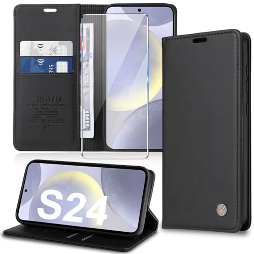 Handyhülle für Samsung Galaxy S24 Hülle mit S24 Schutzfolie [Premium PU Leder] Klapphülle Galaxy S24 Hülle Ständer Kartenfach Magnetic Flip Case Klappbar Schutzhülle für Samsung S24 5G von Migexxkj