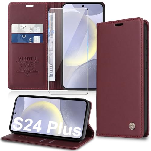 Handyhülle für Samsung Galaxy S24 Plus Hülle mit S24 Plus Schutzfolie [Premium PU Leder] Klapphülle Galaxy S24 Plus Hülle Ständer Kartenfach Flip Case Klappbar Schutzhülle für Samsung S24 Plus 5G von Migexxkj