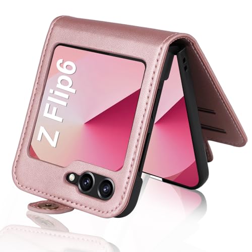 Handyhülle für Samsung Galaxy Z Flip 6 Hülle [Premium PU Leder] Klapphülle Ständer Kartenfach Magnetic Flip Case Cover Etui Tasche Schutzhülle für Samsung Z Flip 6 5G (Rosa) von Migexxkj