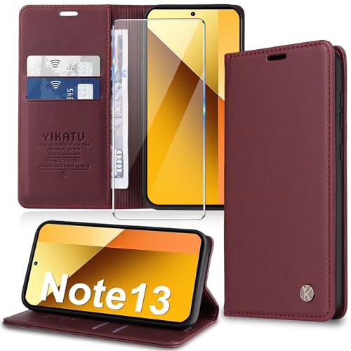 Handyhülle für Xiaomi Redmi Note 13 5G Hülle mit Schutzfolie [Premium PU Leder] Klapphülle für Redmi Note 13 5G Hülle Ständer Kartenfach Flip Case Klappbar Schutzhülle für Redmi Note 13 5G (Red) von Migexxkj