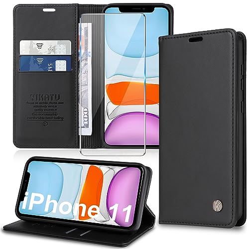 Handyhülle für iPhone 11 Hülle [mit Schutzfolie][Premium PU Leder] Klapphülle Ständer Kartenfach Magnetic Flip Case Cover Etui Tasche Schutzhülle für iPhone 11 6.1“ (Black) von Migexxkj