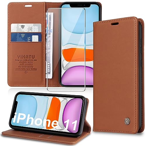 Handyhülle für iPhone 11 Hülle [mit Schutzfolie][Premium PU Leder] Klapphülle Ständer Kartenfach Magnetic Flip Case Cover Etui Tasche Schutzhülle für iPhone 11 6.1“ (Brown) von Migexxkj