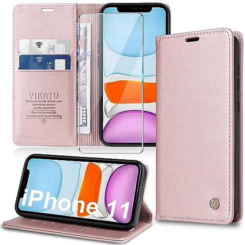 Handyhülle für iPhone 11 Hülle [mit Schutzfolie][Premium PU Leder] Klapphülle Ständer Kartenfach Magnetic Flip Case Cover Etui Tasche Schutzhülle für iPhone 11 6.1“ (pink) von Migexxkj