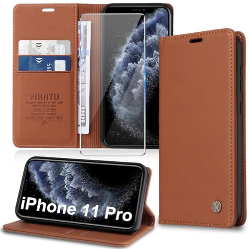 Handyhülle für iPhone 11 Pro Hülle [mit Schutzfolie][Premium PU Leder] Klapphülle Kartenfach Magnetic Ständer Flip Case Cover Etui Tasche Schutzhülle für iPhone 11 Pro 5.8“ (Brown) von Migexxkj