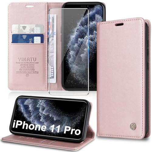 Handyhülle für iPhone 11 Pro Hülle [mit Schutzfolie][Premium PU Leder] Klapphülle Kartenfach Magnetic Ständer Flip Case Cover Etui Tasche Schutzhülle für iPhone 11 Pro 5.8“ (Pink) von Migexxkj