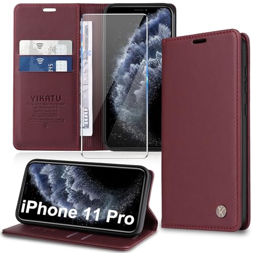 Handyhülle für iPhone 11 Pro Hülle [mit Schutzfolie][Premium PU Leder] Klapphülle Kartenfach Magnetic Ständer Flip Case Cover Etui Tasche Schutzhülle für iPhone 11 Pro 5.8“ (Red) von Migexxkj