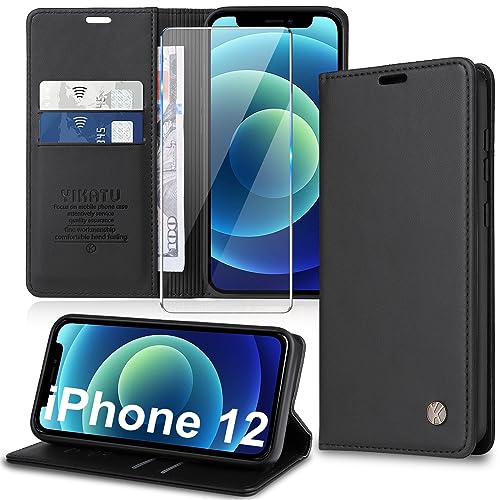 Handyhülle für iPhone 12/12 Pro Hülle [mit Schutzfolie][Premium PU Leder] Klapphülle Kartenfach Magnetic Ständer Flip Case Cover Etui Tasche Schutzhülle für iPhone 12/12 Pro 6.1“ (Black) von Migexxkj