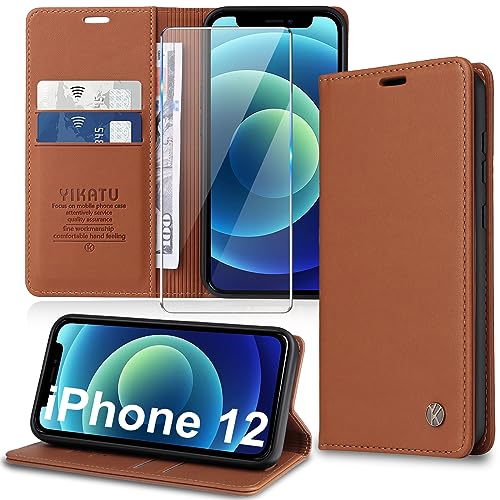 Handyhülle für iPhone 12/12 Pro Hülle [mit Schutzfolie][Premium PU Leder] Klapphülle Kartenfach Magnetic Ständer Flip Case Cover Etui Tasche Schutzhülle für iPhone 12/12 Pro 6.1“ (Brown) von Migexxkj