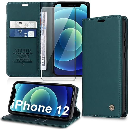 Handyhülle für iPhone 12/12 Pro Hülle [mit Schutzfolie][Premium PU Leder] Klapphülle Kartenfach Magnetic Ständer Flip Case Cover Etui Tasche Schutzhülle für iPhone 12/12 Pro 6.1“ (Green) von Migexxkj