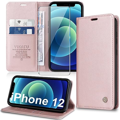 Handyhülle für iPhone 12/12 Pro Hülle [mit Schutzfolie][Premium PU Leder] Klapphülle Kartenfach Magnetic Ständer Flip Case Cover Etui Tasche Schutzhülle für iPhone 12/12 Pro 6.1“ (pink) von Migexxkj