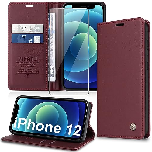 Handyhülle für iPhone 12/12 Pro Hülle [mit Schutzfolie][Premium PU Leder] Klapphülle Kartenfach Magnetic Ständer Flip Case Cover Etui Tasche Schutzhülle für iPhone 12/12 Pro 6.1“ (red) von Migexxkj