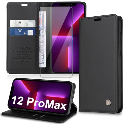 Handyhülle für iPhone 12 Pro Max Hülle [mit Schutzfolie][Premium PU Leder] Klapphülle Kartenfach Magnetic Ständer Flip Case Cover Etui Tasche Schutzhülle für iPhone 12 Pro Max 6.7“ (Black) von Migexxkj