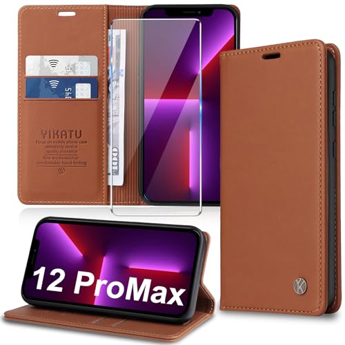 Handyhülle für iPhone 12 Pro Max Hülle [mit Schutzfolie][Premium PU Leder] Klapphülle Kartenfach Magnetic Ständer Flip Case Cover Etui Tasche Schutzhülle für iPhone 12 Pro Max 6.7“ (Brown) von Migexxkj