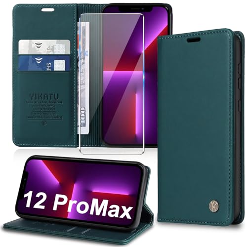 Handyhülle für iPhone 12 Pro Max Hülle [mit Schutzfolie][Premium PU Leder] Klapphülle Kartenfach Magnetic Ständer Flip Case Cover Etui Tasche Schutzhülle für iPhone 12 Pro Max 6.7“ (Green) von Migexxkj