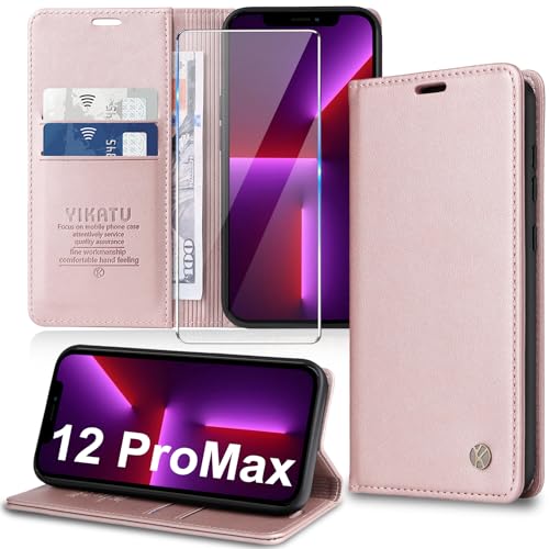 Handyhülle für iPhone 12 Pro Max Hülle [mit Schutzfolie][Premium PU Leder] Klapphülle Kartenfach Magnetic Ständer Flip Case Cover Etui Tasche Schutzhülle für iPhone 12 Pro Max 6.7“ (Pink) von Migexxkj