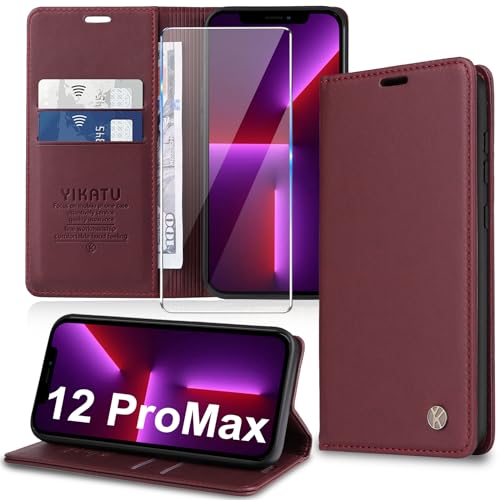 Handyhülle für iPhone 12 Pro Max Hülle [mit Schutzfolie][Premium PU Leder] Klapphülle Kartenfach Magnetic Ständer Flip Case Cover Etui Tasche Schutzhülle für iPhone 12 Pro Max 6.7“ (Red) von Migexxkj