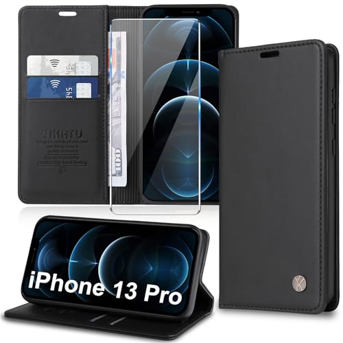 Handyhülle für iPhone 13 Pro Hülle [mit Schutzfolie][Premium PU Leder] Klapphülle Kartenfach Magnetic Ständer Flip Case Cover Etui Tasche Schutzhülle für iPhone 13 Pro 6.1“ (Black) von Migexxkj