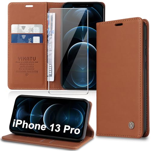 Handyhülle für iPhone 13 Pro Hülle [mit Schutzfolie][Premium PU Leder] Klapphülle Kartenfach Magnetic Ständer Flip Case Cover Etui Tasche Schutzhülle für iPhone 13 Pro 6.1“ (Brown) von Migexxkj