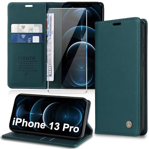 Handyhülle für iPhone 13 Pro Hülle [mit Schutzfolie][Premium PU Leder] Klapphülle Kartenfach Magnetic Ständer Flip Case Cover Etui Tasche Schutzhülle für iPhone 13 Pro 6.1“ (Green) von Migexxkj