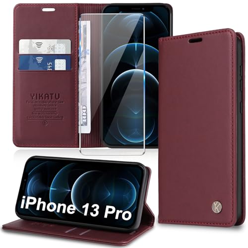 Handyhülle für iPhone 13 Pro Hülle [mit Schutzfolie][Premium PU Leder] Klapphülle Kartenfach Magnetic Ständer Flip Case Cover Etui Tasche Schutzhülle für iPhone 13 Pro 6.1“ (Red) von Migexxkj