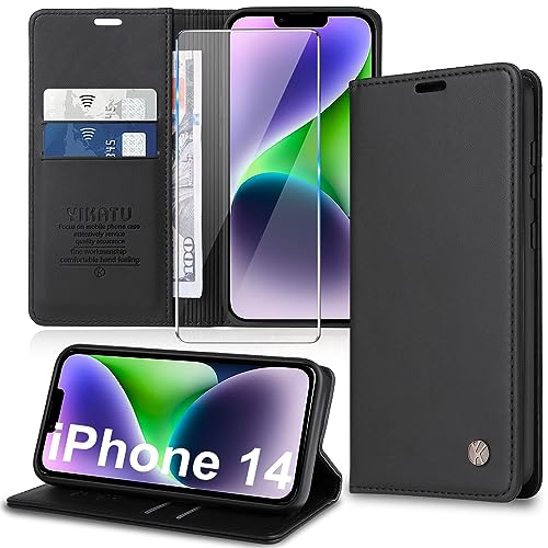 Handyhülle für iPhone 14 Hülle [mit Schutzfolie][Premium PU Leder] Klapphülle Ständer Kartenfach Magnetic Flip Case Cover Etui Tasche Schutzhülle für iPhone 14 6.1“ von Migexxkj