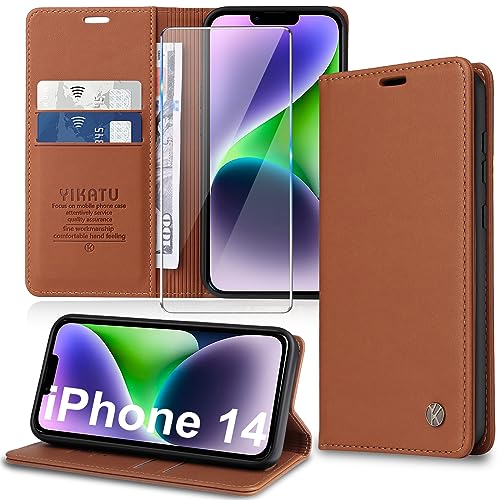 Handyhülle für iPhone 14 Hülle [mit Schutzfolie][Premium PU Leder] Klapphülle Ständer Kartenfach Magnetic Flip Case Cover Etui Tasche Schutzhülle für iPhone 14 6.1“ von Migexxkj